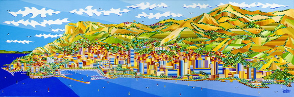 Vue maritime de Monaco en 2009  huile sur toile dimensions 150X50  sbd 16 03 09 jpg