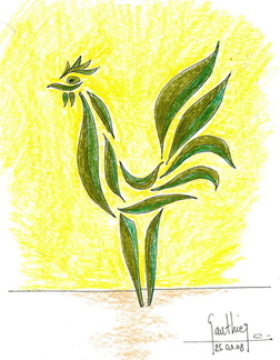 Coq  olive et feuiles d olivier  crayon sur papier  21X29 cm  sbd 25 01 08